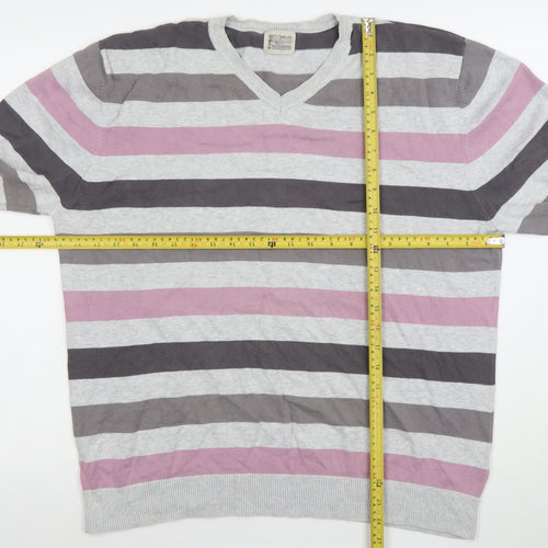 BHS Men's Grey Striped Cotton V-Neck Jumper Large