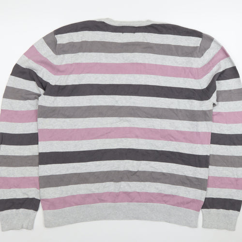 BHS Men's Grey Striped Cotton V-Neck Jumper Large