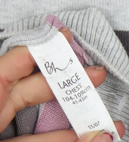 BHS Men's Grey Striped Cotton V-Neck Jumper Large