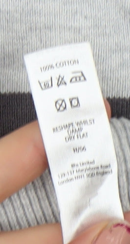 BHS Men's Grey Striped Cotton V-Neck Jumper Large