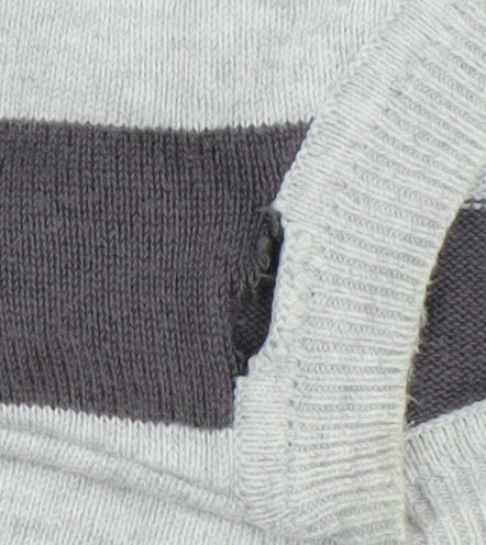 BHS Men's Grey Striped Cotton V-Neck Jumper Large