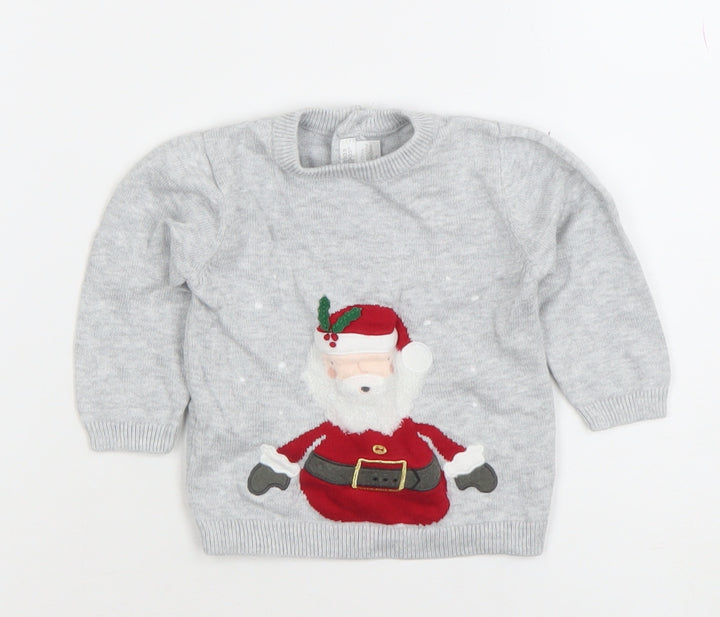 Mamas & Papas Grey Santa Knitted Baby Jumper 0-3 Months Christmas Pullover