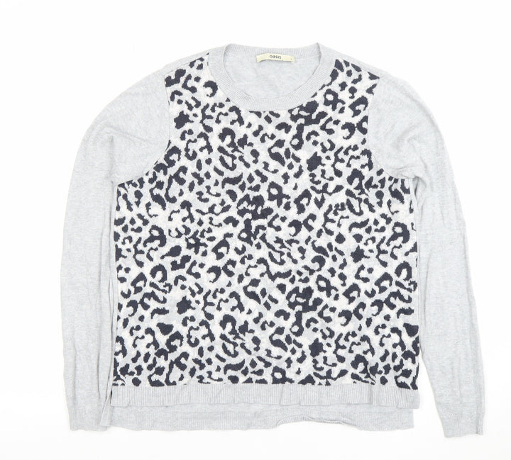 Oasis Women’s Grey Animal Print Crew Neck Long Sleeve Jumper Size S