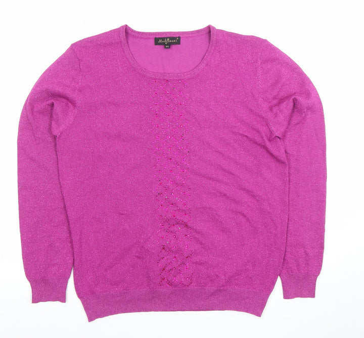 Madflowers Womens Purple Beaded Long Sleeve Scoop Neck Pullover Jumper M/L