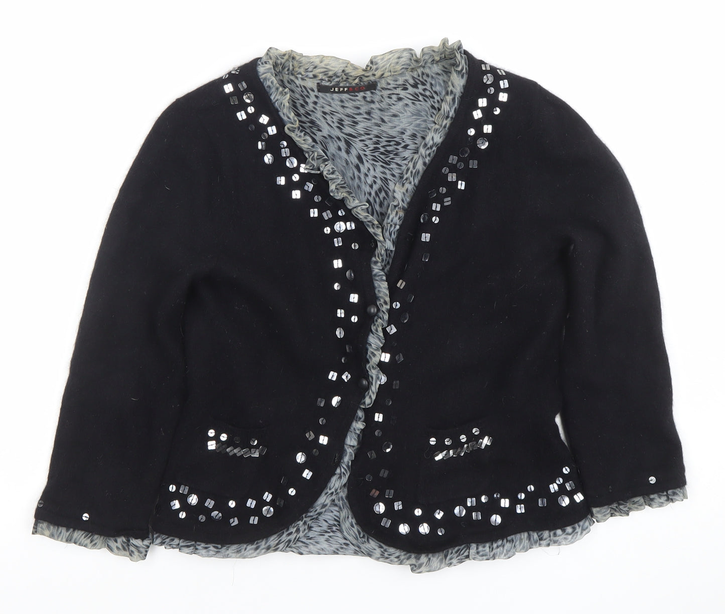 Jeff & Co Women's Black Beaded Wool Angora Cardigan Size 14