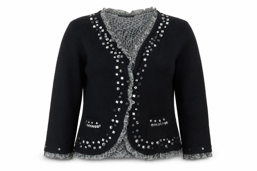 Front view of Jeff & Co Women's Black Beaded Wool Angora Cardigan, size 14