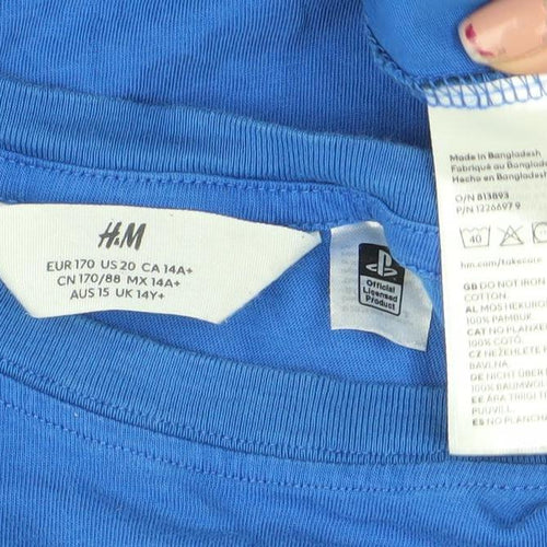 H&M Boys Blue PlayStation Logo Graphic T-Shirt 14 Years Cotton Casual