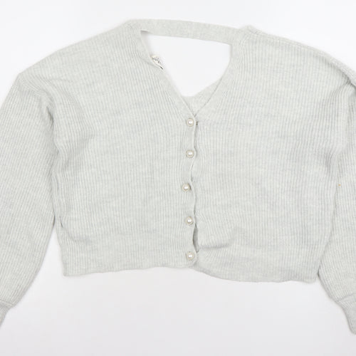 New Look Women’s Grey V-Neck Rib Knit Button Cardigan Size 12