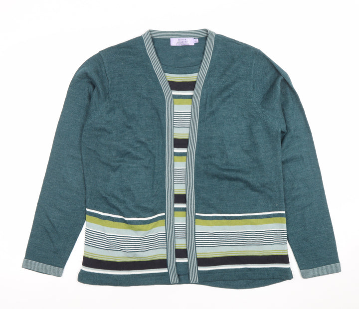 Honor Millburn Women's Green Striped Knit Open Cardigan M