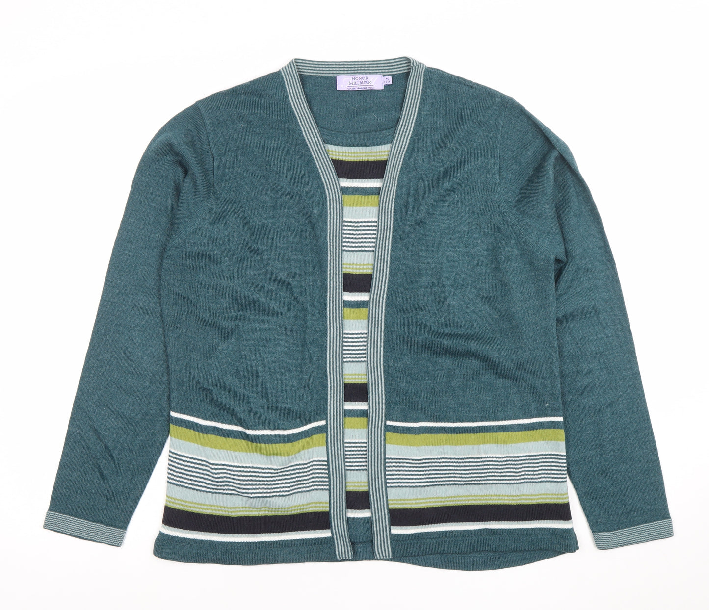 Honor Millburn Women's Green Striped Knit Open Cardigan M