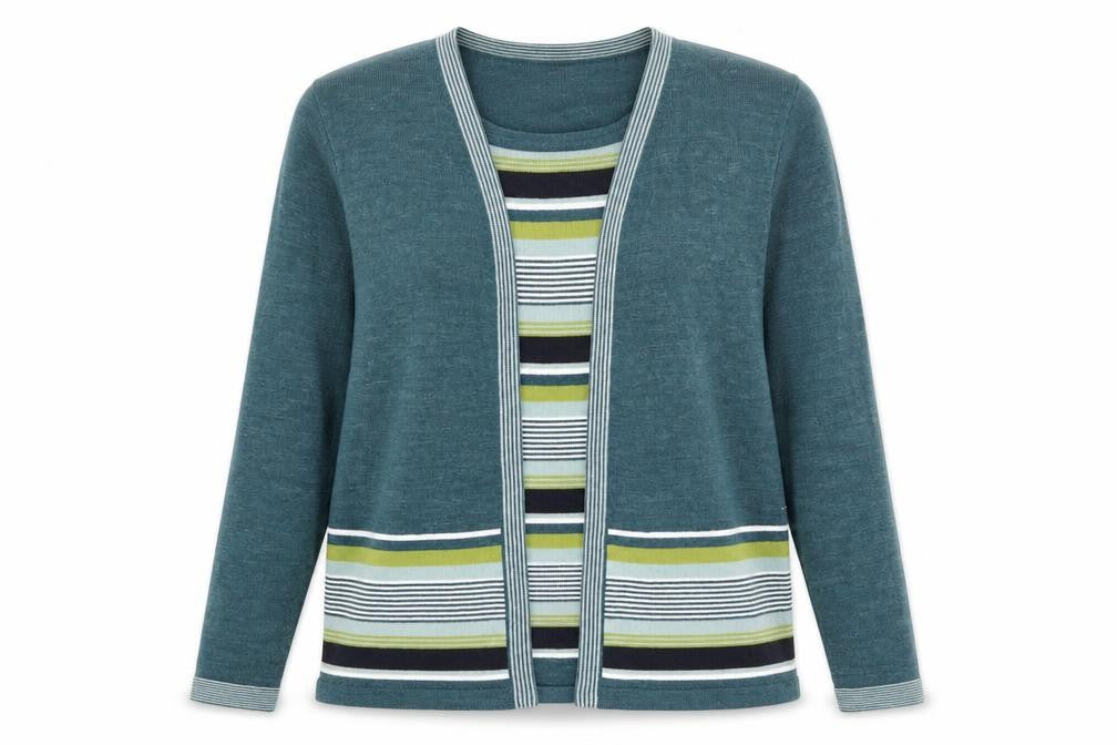 Front view of Honor Millburn Women's Green Striped Knit Open Cardigan M