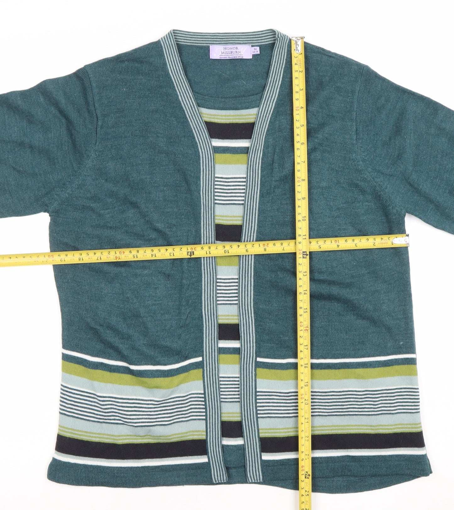 Honor Millburn Women's Green Striped Knit Open Cardigan M