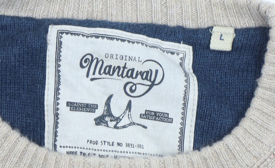 Mantaray Men’s Beige Striped Cotton Crew Neck Jumper Size L