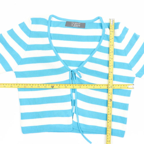Primark Unisex Blue Striped V-Neck Tie Front Cardigan M