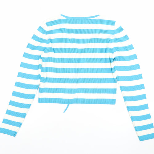 Primark Unisex Blue Striped V-Neck Tie Front Cardigan M