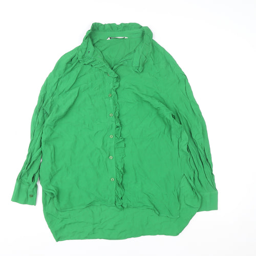 Zara Women’s Green Ruffle Button Long Sleeve Viscose Blouse XS