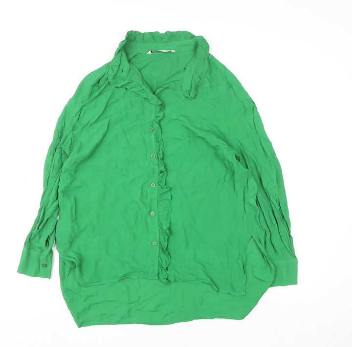 Zara Women’s Green Ruffle Button Long Sleeve Viscose Blouse XS