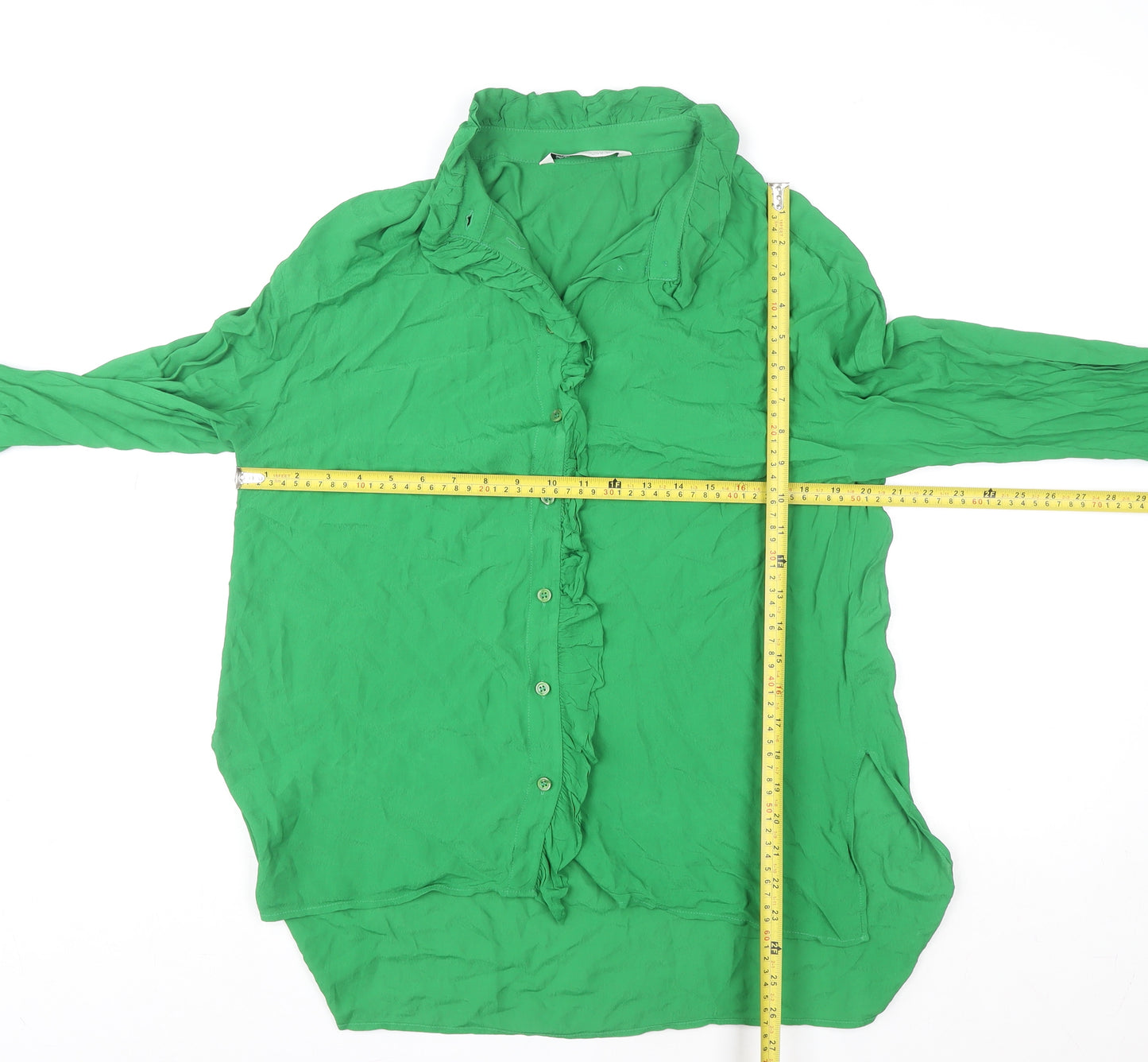 Zara Women’s Green Ruffle Button Long Sleeve Viscose Blouse XS