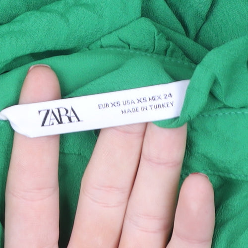 Zara Women’s Green Ruffle Button Long Sleeve Viscose Blouse XS