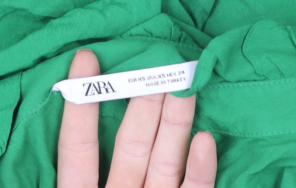 Zara Women’s Green Ruffle Button Long Sleeve Viscose Blouse XS