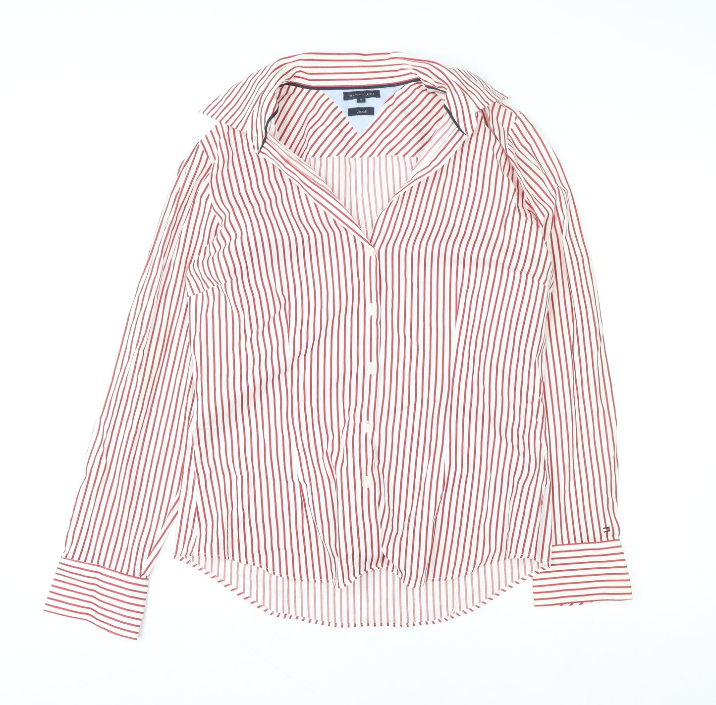 Tommy Hilfiger Women's Red Striped Cotton Stretch Button-Up Shirt Size 12