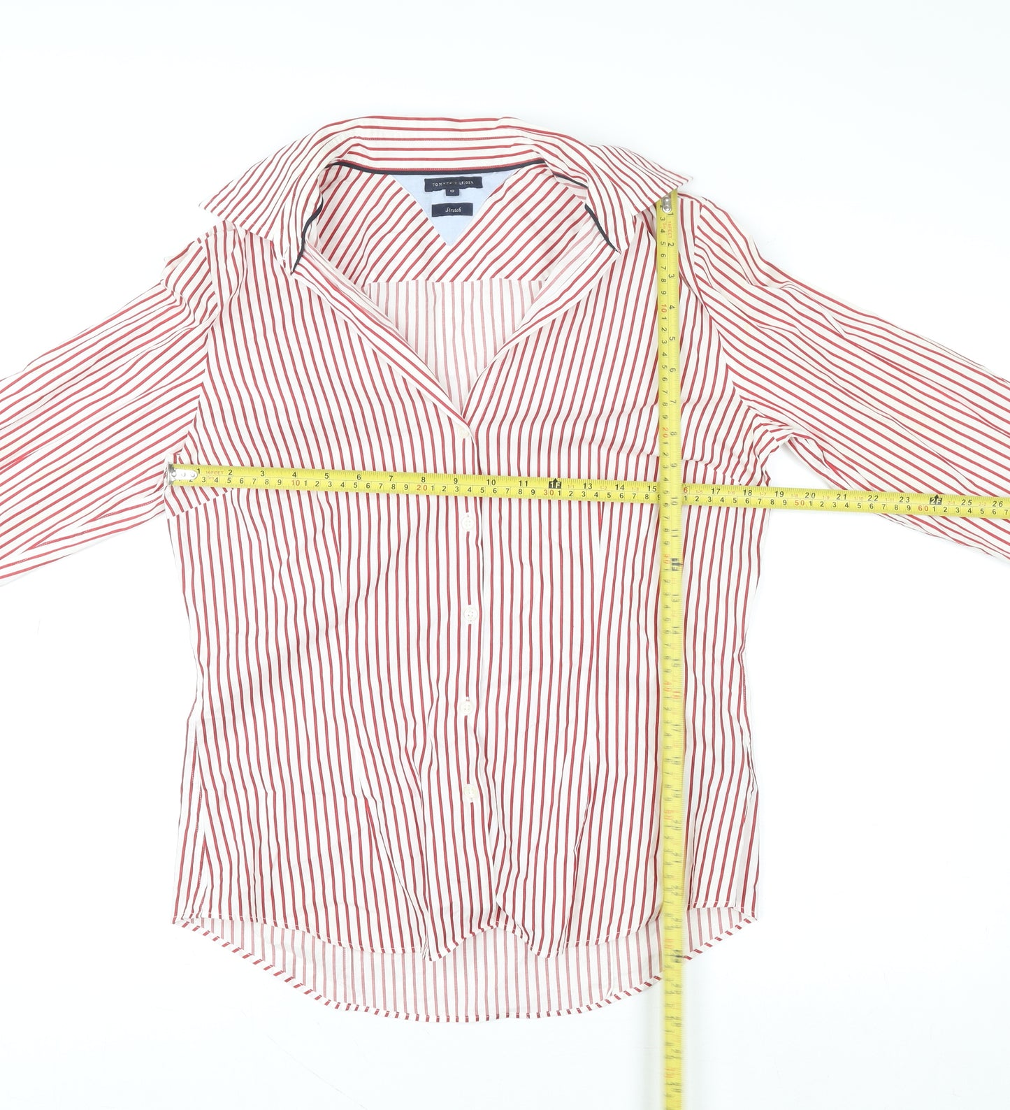 Tommy Hilfiger Women's Red Striped Cotton Stretch Button-Up Shirt Size 12