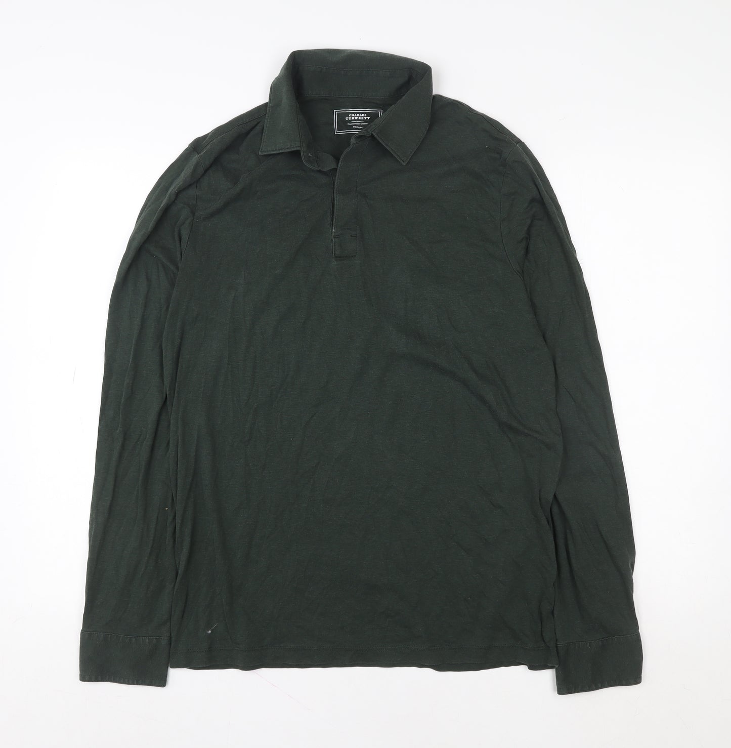Charles Tyrwhitt Men's Dark Green Long Sleeve Button-Up Shirt Medium