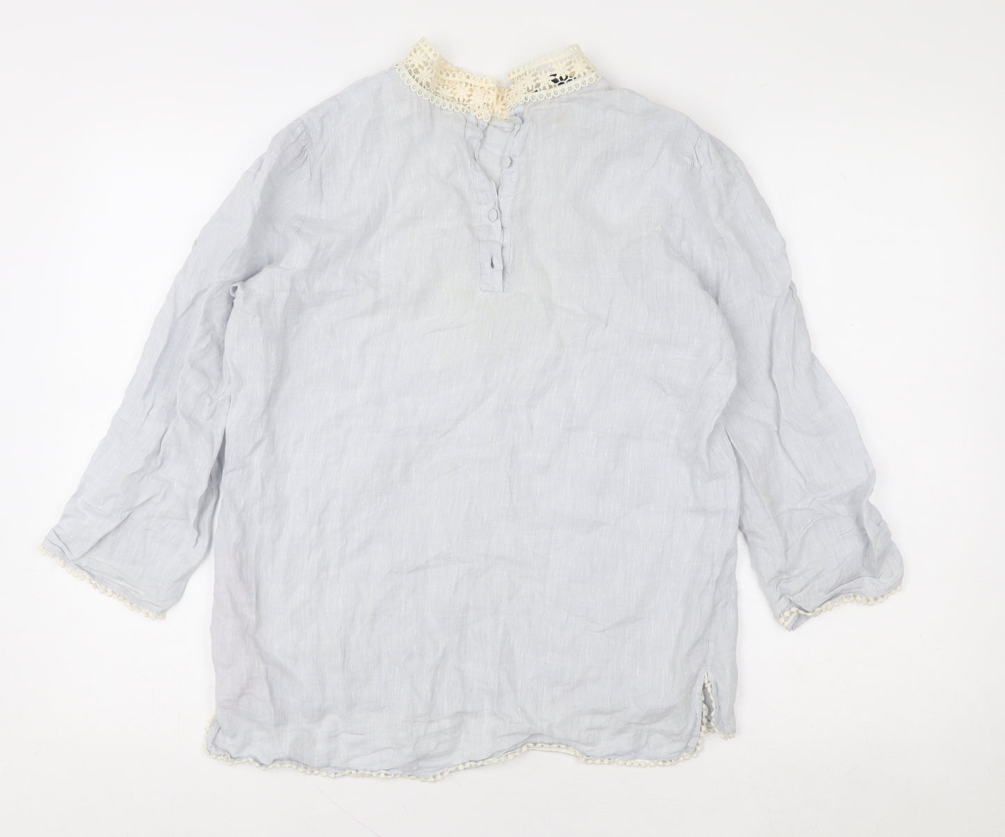 Zara Basic Women’s Grey Linen Crochet High Neck 3/4 Sleeve Blouse Size S