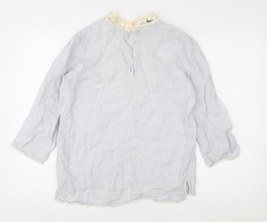 Zara Basic Women’s Grey Linen Crochet High Neck 3/4 Sleeve Blouse Size S