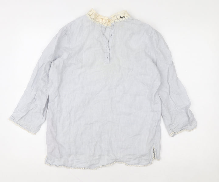 Zara Basic Women’s Grey Linen Crochet High Neck 3/4 Sleeve Blouse Size S