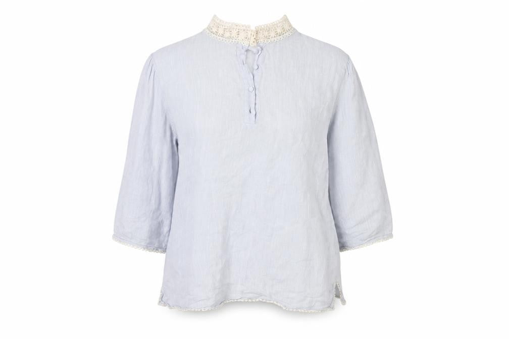 Front view of Zara Basic Women’s Grey Linen Crochet High Neck 3/4 Sleeve Blouse, size S