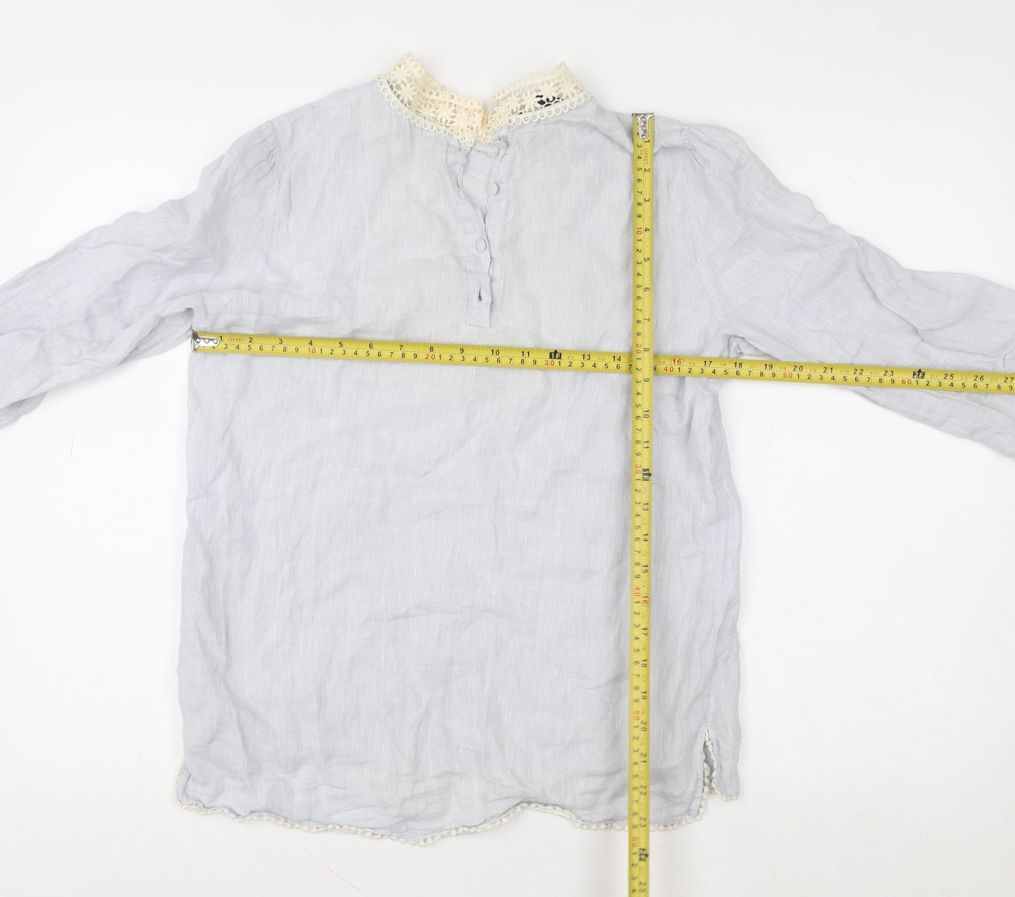 Zara Basic Women’s Grey Linen Crochet High Neck 3/4 Sleeve Blouse Size S