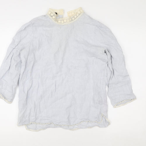Zara Basic Women’s Grey Linen Crochet High Neck 3/4 Sleeve Blouse Size S