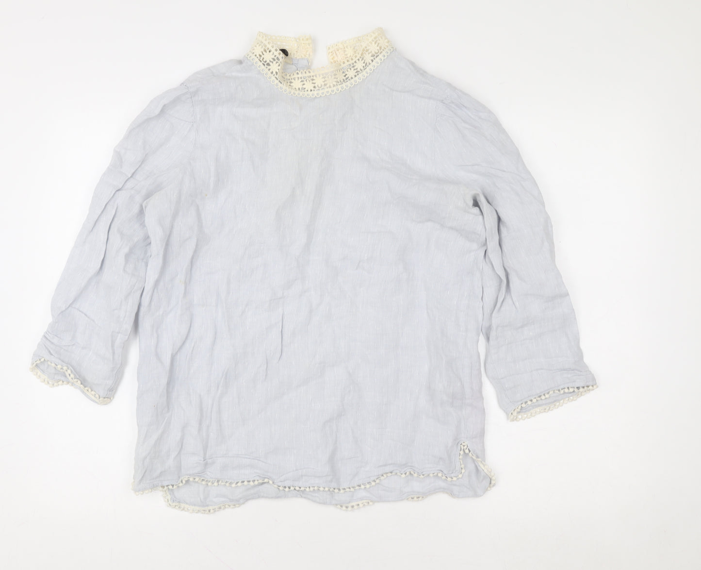 Zara Basic Women’s Grey Linen Crochet High Neck 3/4 Sleeve Blouse Size S