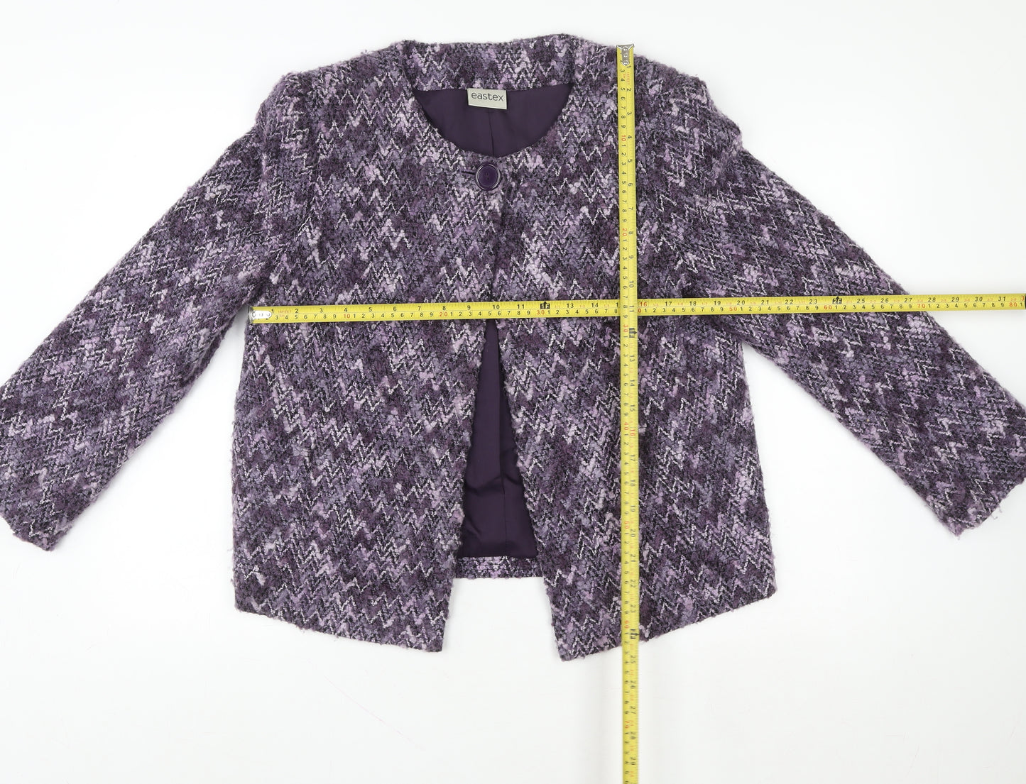 Eastex Women Purple Wool Blend Tweed Jacket Size 14 Classic Short Sleeve