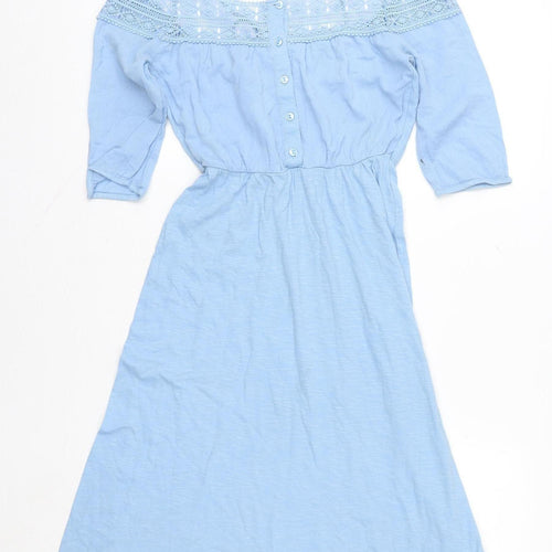 Topshop Women Blue Cotton Off Shoulder A-Line Knee Dress UK 6