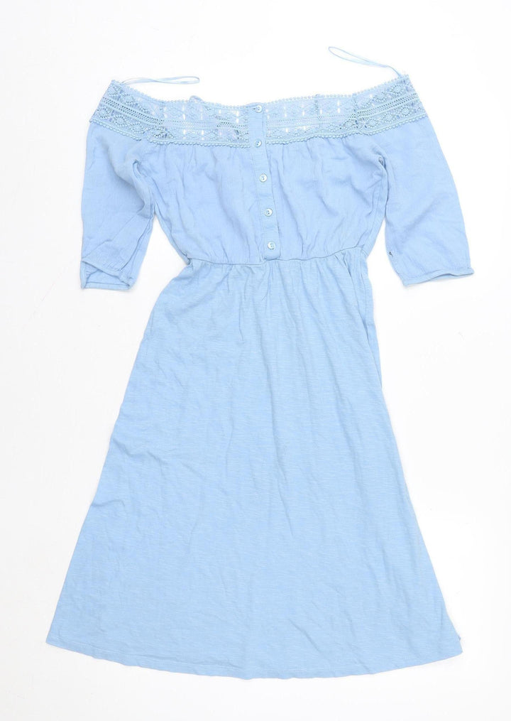 Topshop Women Blue Cotton Off Shoulder A-Line Knee Dress UK 6