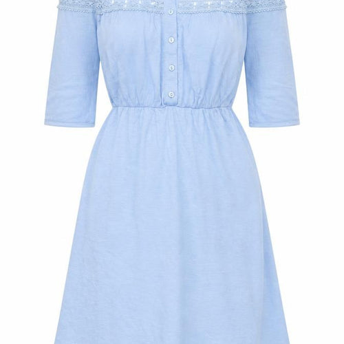 Topshop Women Blue Cotton Off Shoulder A-Line Knee Dress UK 6