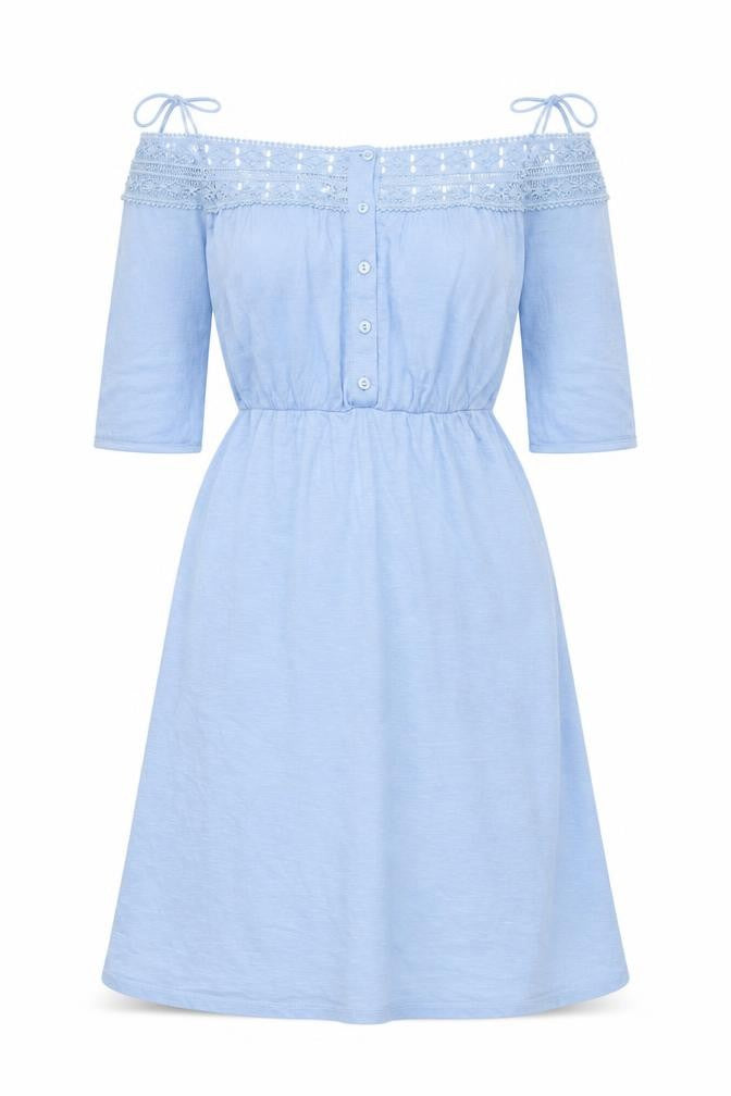 Topshop Women Blue Cotton Off Shoulder A-Line Knee Dress UK 6