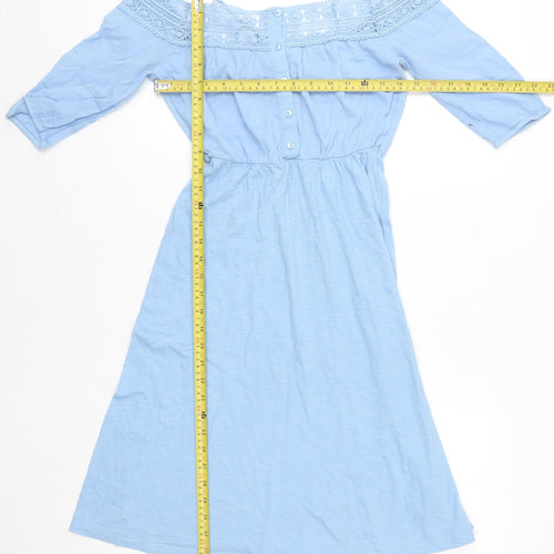 Topshop Women Blue Cotton Off Shoulder A-Line Knee Dress UK 6
