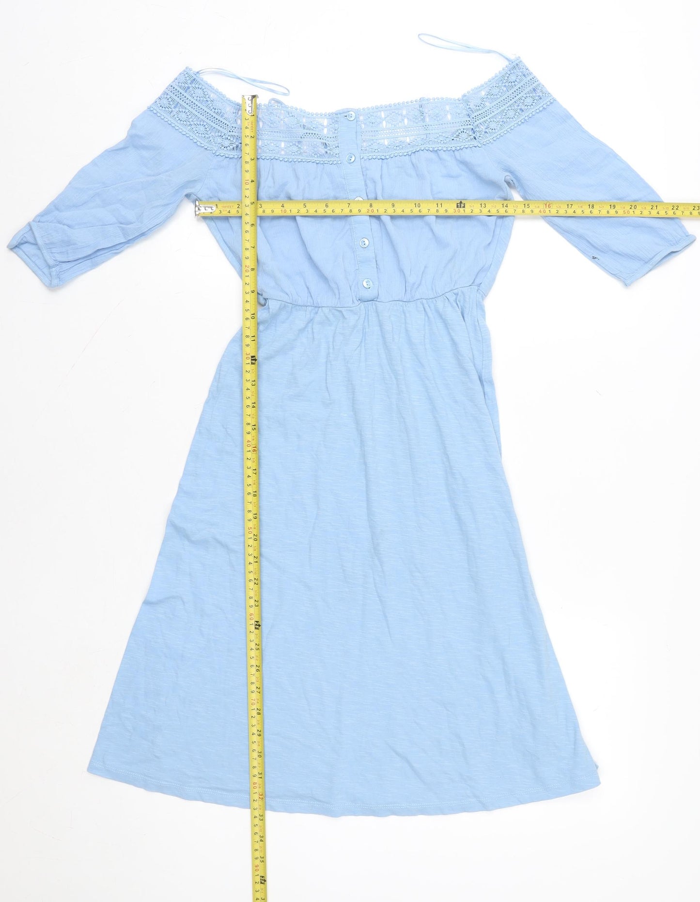 Topshop Women Blue Cotton Off Shoulder A-Line Knee Dress UK 6