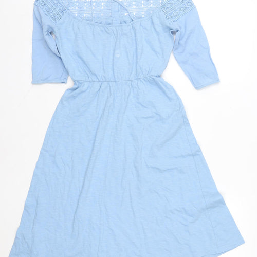 Topshop Women Blue Cotton Off Shoulder A-Line Knee Dress UK 6