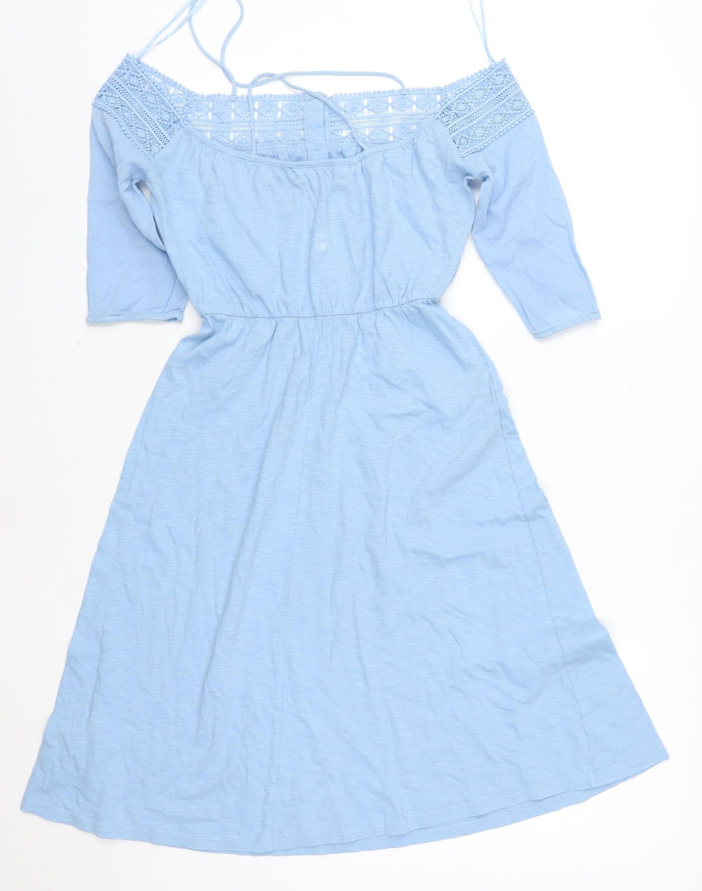 Topshop Women Blue Cotton Off Shoulder A-Line Knee Dress UK 6