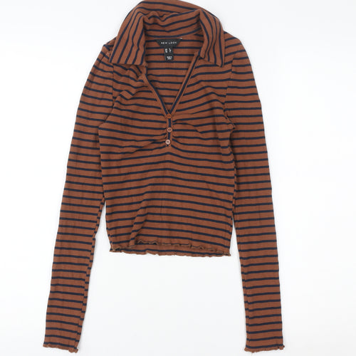 New Look Women’s Brown Striped Collared Cropped Long Sleeve Top Size 8