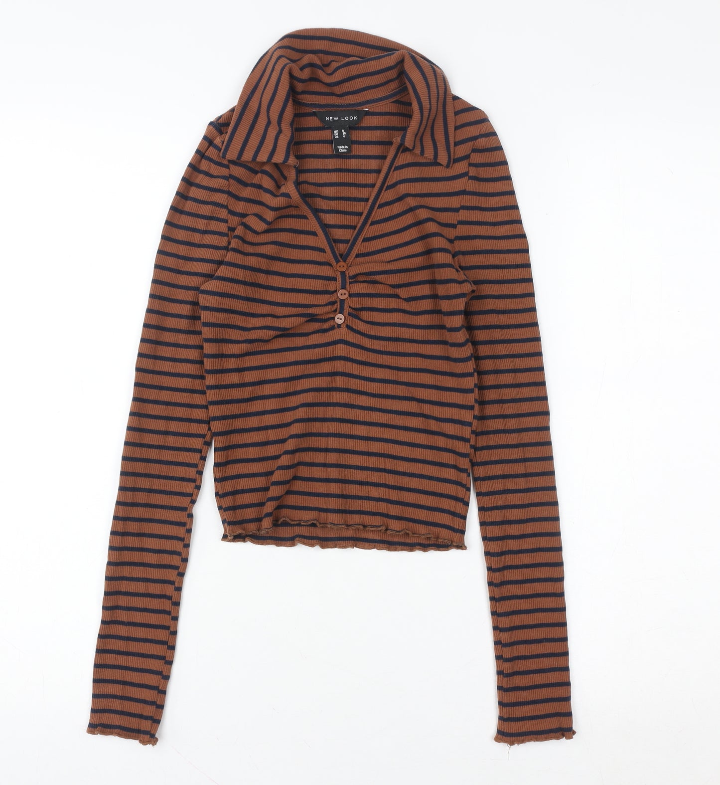 New Look Women’s Brown Striped Collared Cropped Long Sleeve Top Size 8