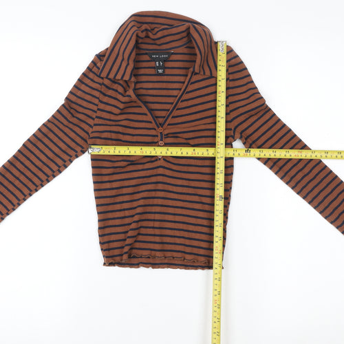 New Look Women’s Brown Striped Collared Cropped Long Sleeve Top Size 8