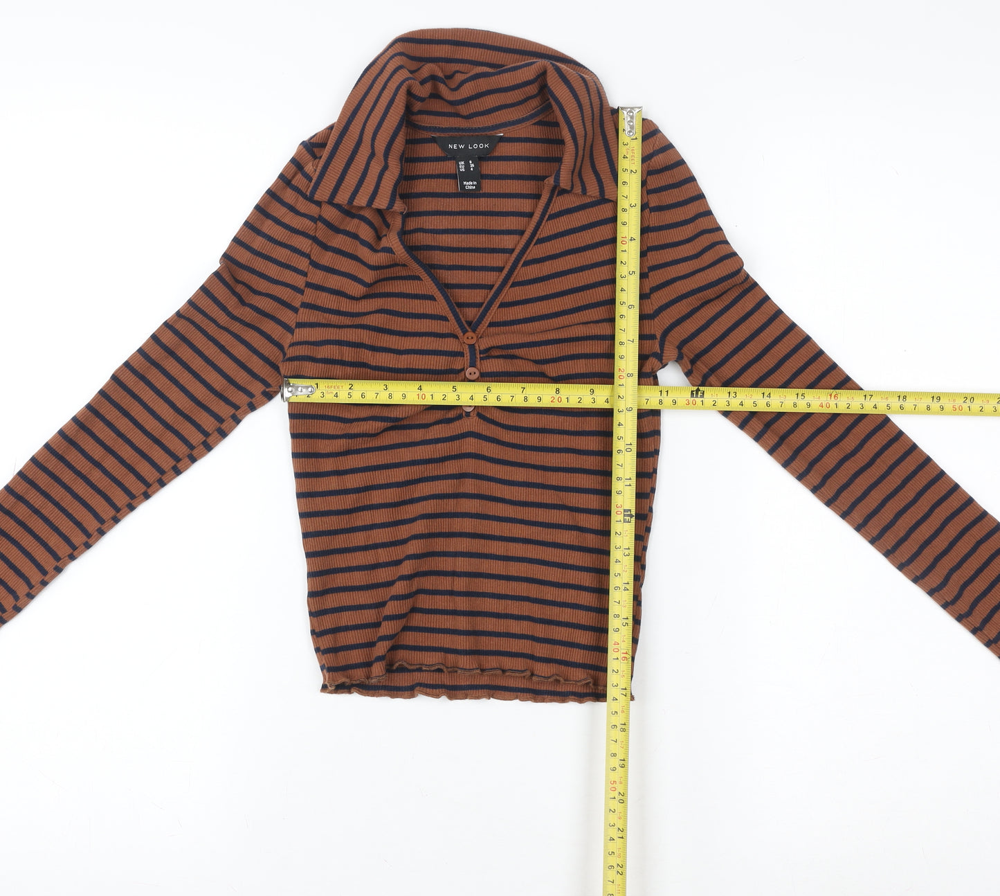 New Look Women’s Brown Striped Collared Cropped Long Sleeve Top Size 8