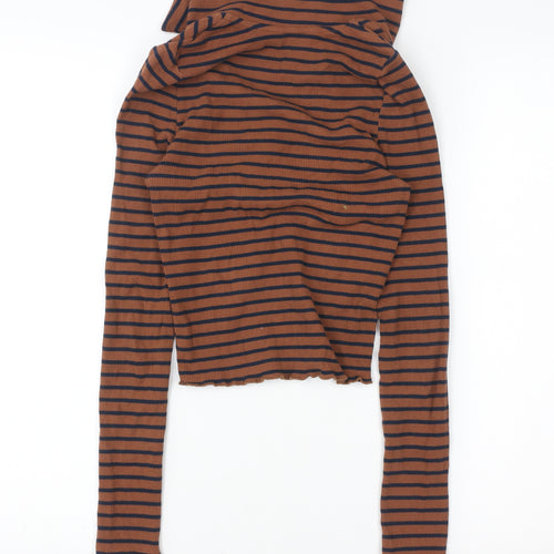 New Look Women’s Brown Striped Collared Cropped Long Sleeve Top Size 8