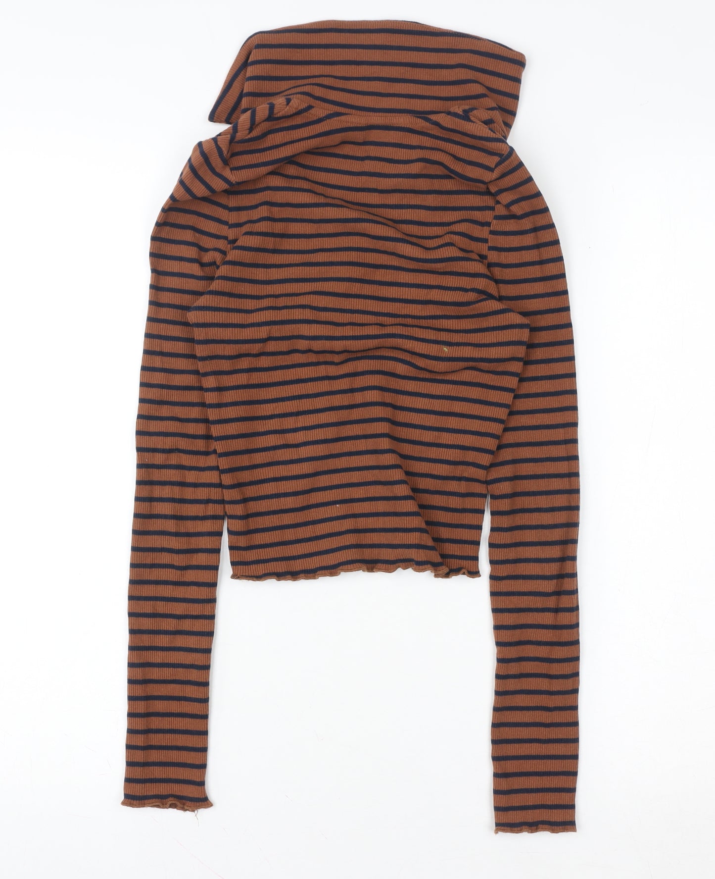 New Look Women’s Brown Striped Collared Cropped Long Sleeve Top Size 8