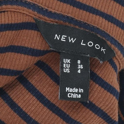New Look Women’s Brown Striped Collared Cropped Long Sleeve Top Size 8